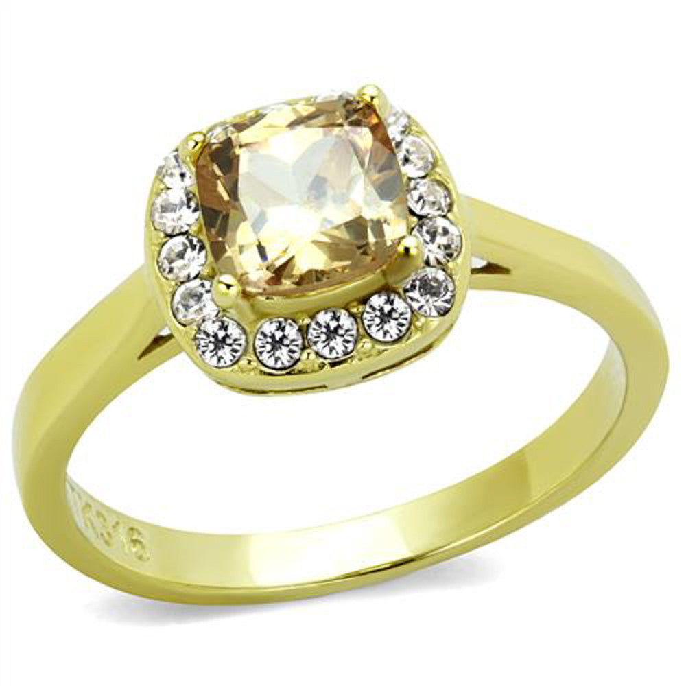 Stainless Steel 1.24 Ct Cushion Cut Champagne CZ Halo Engagement Ring Sizes 5-10